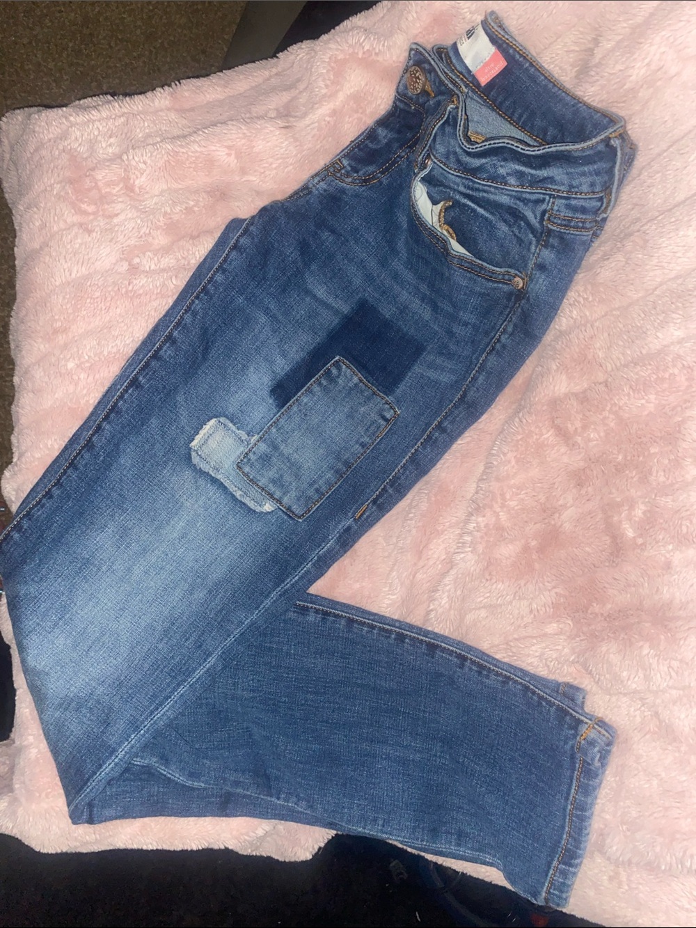 CAbi Blue Patchwork Skinny Jeans